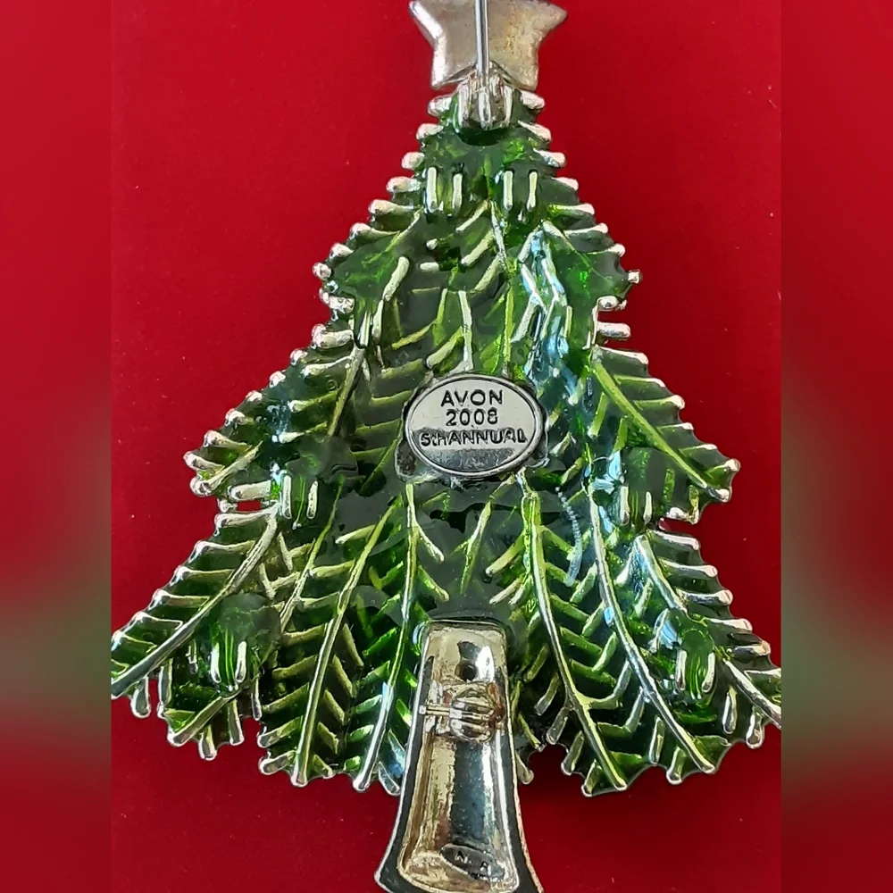 Avon 2008 5th Annual Dangling Rhinestone Enamel Christmas Tree Brooch  Vtg/NIB